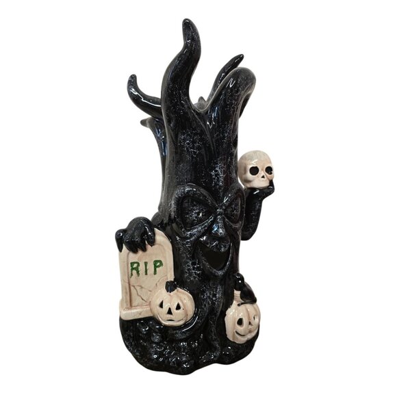 14" Black Spooky Ceramic Halloween Tree Figurine Skull Pumpkins Tombstone Decor - Picture 2 of 8